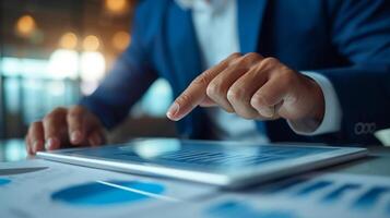 AI generated A businessman analyzing financial charts and graphs on a tablet for business expansion photo