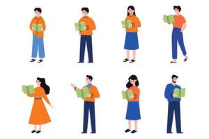 personas leyendo libro colección plano estilo en antecedentes vector