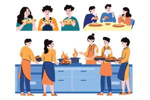 personas Cocinando y comiendo colección plano estilo en antecedentes vector