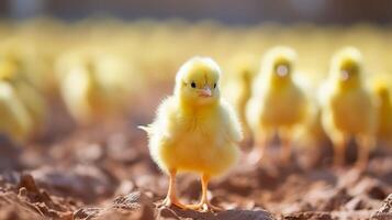 ai generado linda pequeño amarillo pollos en un granja. Pascua de Resurrección fiesta concepto. foto