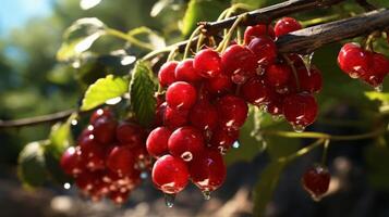 AI generated Ripe red currants on a branch with drops of water. photo