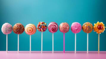 AI generated Colorful lollipops on pastel background with copy space photo