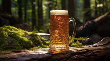 AI generated A glass of beer on a log in the forest with moss. photo