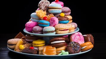 ai generado clasificado rosquillas en un plato en un negro fondo, de cerca foto