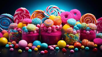 AI generated Colorful candies and lollipops on black background. photo