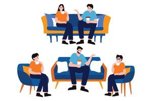 People sitting and talking on the couch collection flat style on background vector