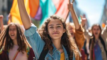 ai generado un grupo de gen y activistas protestando para social justicia con pancartas y cantos. foto