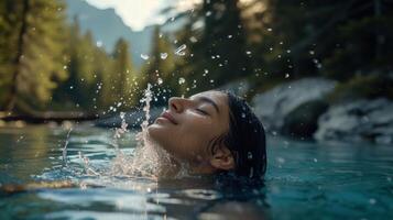 AI generated Woman washing face with mountain spring water, foaming face wash and nature photo