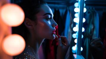 AI generated Backstage glamour of woman applying lipstick under vanity lights. photo