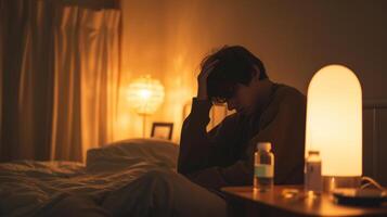 AI generated A man with fever sitting on the bed with a glass of water and a bottle of medicine by the lamp. photo