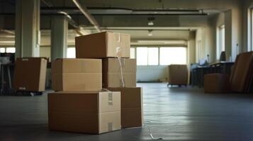 AI generated Office corner with empty boxes and tape ready for packing up desks after layoffs and downsizing photo