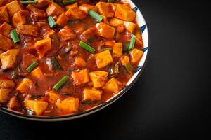 Mapo Tofu - The traditional Sichuan dish of silken tofu and ground beef, packed with mala flavor from chili oil and Sichuan peppercorns. photo