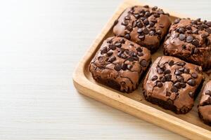 dark chocolate brownies topped by chocolate chips photo