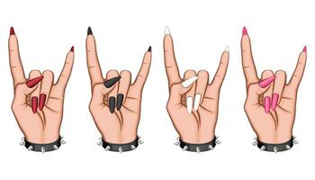 hembra mano en rock gesto ilustración. pesado metal signo. hembra mano con hermosa manicura y anillos belleza salón diseño concepto mano dibujado vector Arte