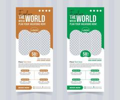 Modern tour and travel roll up or new world vacation pull up banner design template vector