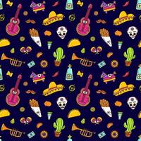 Colorful doodle embroidery Mexican background seamless pattern. Vector illustration about Latin elements like guitar, sombrero, tequila, cactus, tacos, churros. Cinco de Mayo celebration ornate