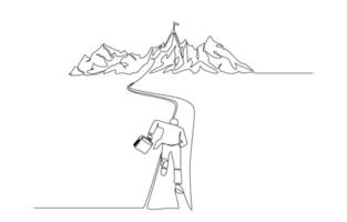 Continuous one line drawing of businessman running on route to reach flag on mountain top, commitment to achieving business goal or mission concept, single line art. vector