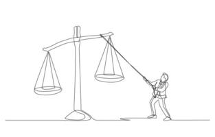 Continuous one line drawing of businessman pulling rope to balance justice scale, business ethics concept, single line art. vector