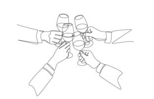 Continuous one line drawing of hands of businesspeople clinking glasses of wine, business meeting or social gathering concept, single line art. vector