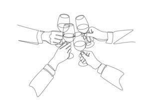 Continuous one line drawing of hands of businesspeople clinking glasses of wine, business meeting or social gathering concept, single line art. vector