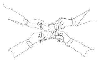 Continuous one line drawing of hands of businessmen putting jigsaw puzzles together, teamwork or cooperation concept, single line art. vector