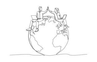 Continuous one line drawing of businessman and businesswoman working on globe giving high five gesture together, remote working concept, single line art. vector