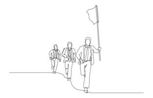 Continuous one line drawing of businessman running holding flag to lead colleagues, leadership concept, single line art. vector