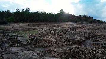 Aceredo ghost village emerges from cracked earth, drought in Galicia Aerial View video