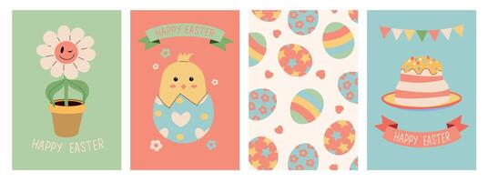 linda Pascua de Resurrección tarjetas colocar. primavera colección de animales, flores y decoraciones infantil impresión para tarjetas, pegatinas y bandera. vector