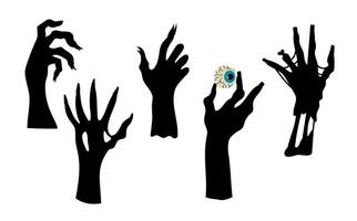 Zombie hands silhouette. Halloween and nightmare, creepy and evil zombie. Hand-drawn set of vector silhouette zombie hands on a white background for games, animation or other graphic products.