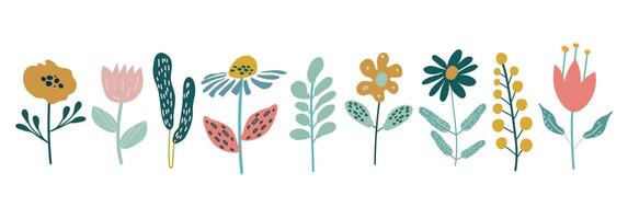 Garden floral plants set. Set of vector illustrations of flowers in doodle style on a white background. Flat vector illustration.