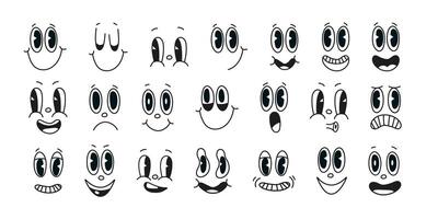 Set of 70s groovy comic faces vector. Collection of cartoon character faces, in different emotions, happy, angry, sad, cheerful. Cute retro groovy hippie illustration for decorative, sticker. vector