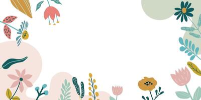 Floral patterns around edges. Beautiful background with delicate plants blooming at edges on white backdrop. Horizontal border with pastel spring summer flowers. vector