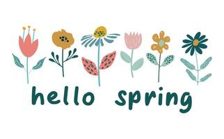 Beautiful floral design with text Hello Spring. Hello spring quotes. Springtime hand drawn prints design. Positive phrases for stickers, postcards or posters. vector