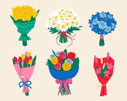 Flower bouquet. Set of various beautiful bouquets.Collection of various flowering plants with stems and leaves.Flower bouquet colorful summer flowers set for invitation, greeting card, poster, frame, vector