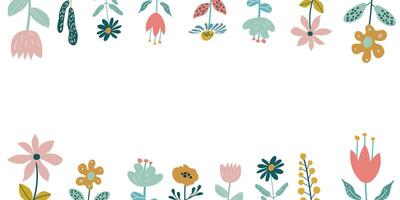 Spring background with flowers around the edge and place for text. Vector illustration of wildflowers in cartoon style. Template for cards, invitations, publications on social networks.