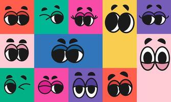 Various faces with different emotions pattern in groovy style. Cartoon facial expressions. Colorful geometric background. Mouth and eyes of doodle characters. Set of vector illustrations