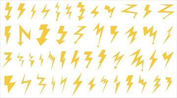 Set of different yellow lightning icons. Simple icon of storm or thunder and lightning strike. Isolated on white background vector illustration in flat style. Retro Y2k style.