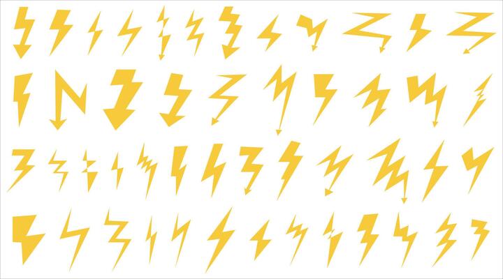 Set of different yellow lightning icons. Simple icon of storm or thunder and lightning strike. Isolated on white background vector illustration in flat style. Retro Y2k style.