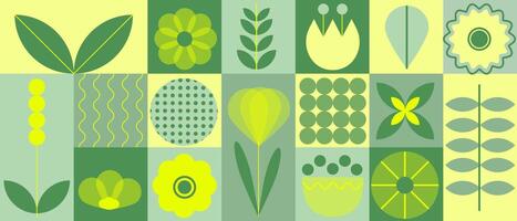 Geometric seamless floral eco pattern in green palette. Mosaic background with flowers, plants and simple shapes in Bauhaus style. Natural flower plant, abstract eco concept. Vector minimal banner