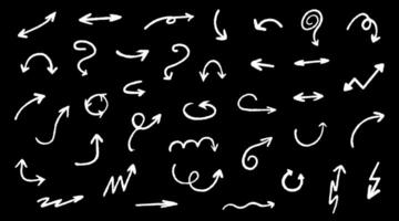 Hand drawn various curved lines, arrow curls. Marker drawing, chalk strokes. Set of coal arrows vector icons. Outline direction signs.