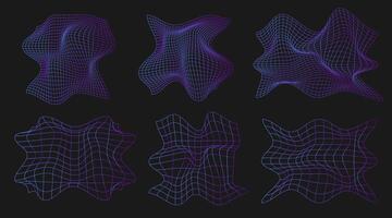 Geometry wireframe shapes and grids in neon purple gradient. 80s cyberpunk line elements vector set. Y2k retro futuristic aesthetic.