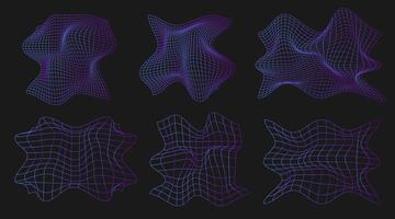 Geometry wireframe shapes and grids in neon purple gradient. 80s cyberpunk line elements vector set. Y2k retro futuristic aesthetic.