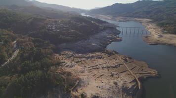 Aceredo ghost village emerges from cracked earth, drought in Galicia Aerial View video