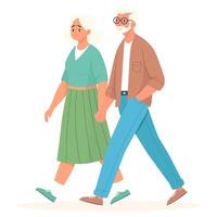 An elderly couple is walking hand in hand. Vector illustration.