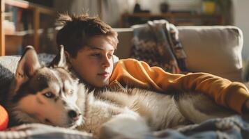 ai generado un chico abrazando su perro mascota mientras acecho televisión juntos, un alegre momento Entre un Adolescente chico y su siberiano fornido foto