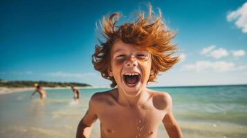 AI generated a ginger boy happily enjoying himself on a sunny beach during a warm day photo