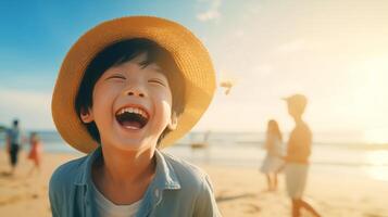 AI generated an asian boy joyfully having a great time on a sunny beach during a warm day. toddler on the beach at summertime with copy space photo