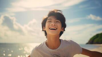 AI generated a young asian teenage happily enjoying himself on a sunny beach during a warm day. photo