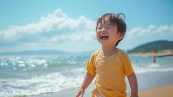 AI generated a little asian boy joyfully having a great time on a sunny beach during a warm day. toddler on the beach at summertime with copy space photo